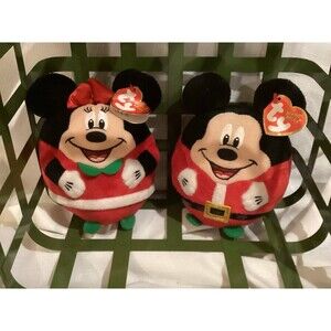 TY Disney Mickey Mouse & Minnie Mouse Beanie Ballz Plush Christmas with Tags